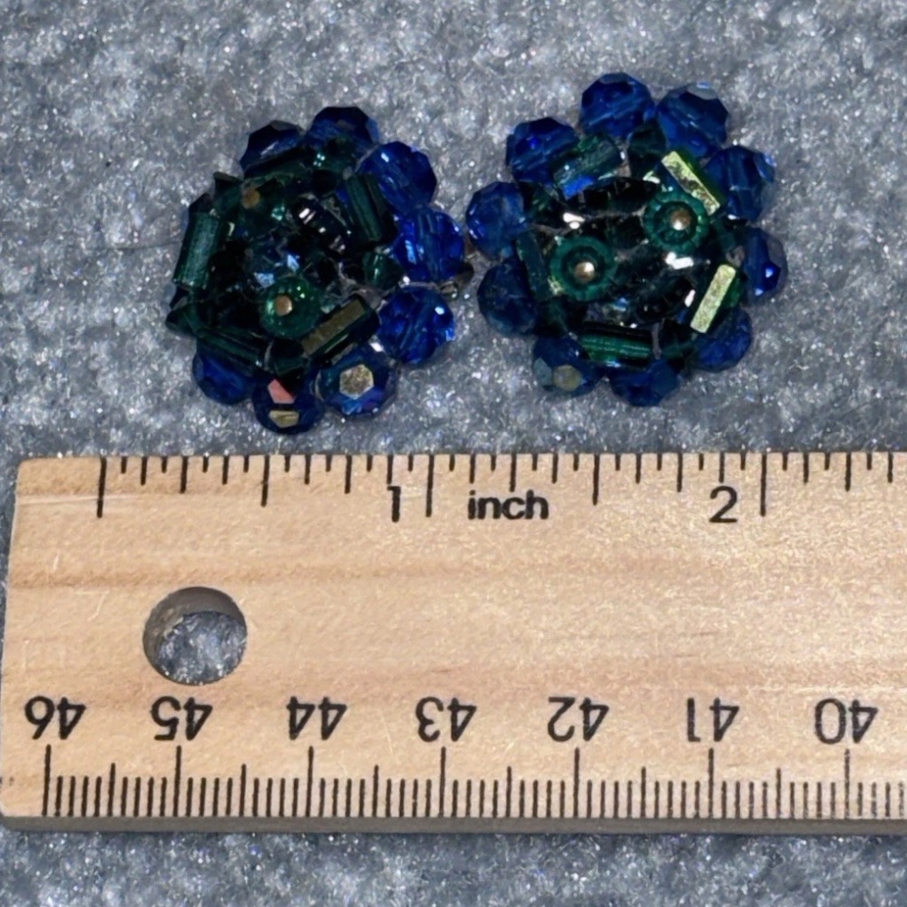 Vintage AB Blue Green Rhinestone Bead Clip On Earrings Estate Find - Picture 6 of 6